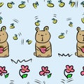 Funny brown bears and bees, flowers - seamless pattern on light blue background Royalty Free Stock Photo