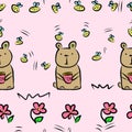 Funny brown bears and bees, flowers - seamless pattern on light pink background Royalty Free Stock Photo