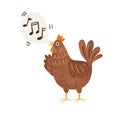 Funny brown chicken clucking and singing songs. Speech bubble with music notes as sounds of hen. Flat vector