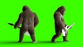 Funny brown gorilla play the electric guitar. Super realistic fur and hair. Green screen. 3d rendering.