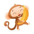 Funny Brown Monkey with Prehensile Tail Carrying Large Yellow Banana Vector Illustration