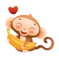 Funny Brown Monkey with Prehensile Tail Embracing Banana Loving It Vector Illustration