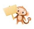 Funny Brown Monkey with Prehensile Tail Holding Empty Placard on Pole Vector Illustration
