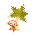 Funny Brown Monkey with Prehensile Tail Sitting Under Palm Tree Vector Illustration