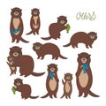 Funny brown otter collection on white background. Kawaii. Vector illustration