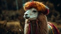 Funny brown smiling alpaca. A Llama (Lama glama) at the Andes Mountains. beautiful handsome alpaca