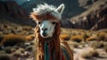 A Llama (Lama glama) at the Andes Mountains. Funny brown smiling alpaca. beautiful handsome alpaca