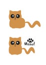 Funny brown smiling cat with big eyes. Silhouette paws and handwritten text Meow!