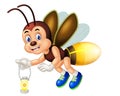 Funny Brown Yellow Fireflies Wearing Blue Shoes With Traditional Lamp Cartoon