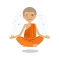 Funny buddhist monk sits in lotus position. Buddhism, yoga concept. Cartoon vector illustration