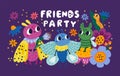 Funny bug poster. Colorful insects team with spring flowers. Nocturnal moths and earthworm. Caterpillar or butterfly