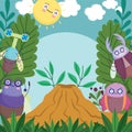 funny bugs animals with anthill vegetation leaves cartoon
