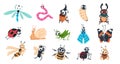 Funny bugs. Cartoon cute insects with faces, caterpillar butterfly bumblebee spider colorful characters. Vector