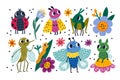 Funny bugs. Colorful insects characters. Nature creations. Cute beetles. Grasshopper and ladybug. Caterpillar on leaf