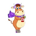 Funny Bull with coffee in a scarf