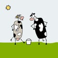 Funny bull and cows with buckets of milk, sketch