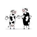 Funny bull and cows with buckets of milk, sketch