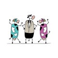 Funny bull and cows, sketch for your design