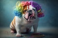 Funny bulldog dog dressed as a clown wearing a colorful wig Royalty Free Stock Photo