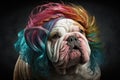 Funny bulldog dog dressed as a clown wearing a colorful wig Royalty Free Stock Photo