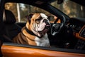 funny bulldog sitting in car with open window