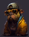 Funny bulldog wearing cap, glasses and blazer. Rapper dog sitting isolated on dark backdrop. Generative AI