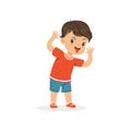 Funny bully boy grimacing, hoodlum cheerful little kid, bad child behavior vector Illustration Royalty Free Stock Photo