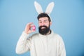 Funny bunny with beard and mustache. Join celebration. Having fun. Grinning bearded man wear silly bunny ears. Easter