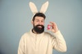 Funny bunny with beard and mustache. Join celebration. Having fun. Grinning bearded man wear silly bunny ears. Easter