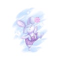 A funny bunny boy in lilac striped trousers jumps with a lollipop