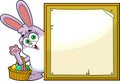 Funny Bunny Cartoon Character With Basket Of Easter Eggs Waving Behind Wooden Board Sign