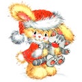 Funny bunny and Christmas watercolor background