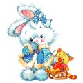 Funny bunny and Christmas watercolor background New year cute bunny