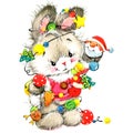 Funny bunny and Christmas watercolor background New year cute bunny