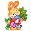 Funny bunny and Christmas watercolor background New year cute bunny