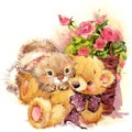 Funny bunny, flowersand toy teddy bear illustration.