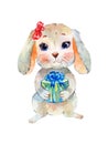 Funny bunny gives a gift. Watercolor greeting card