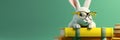 Funny bunny in glasses. Concept banner on the theme of education with books and empty space for text. Cute bunny on Royalty Free Stock Photo