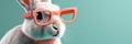 Funny bunny in glasses. Concept banner on the theme of education with empty space for text. Cute bunny with bow tie on Royalty Free Stock Photo