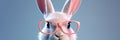 Funny bunny in glasses. Concept banner on the theme of education with empty space for text. Cute bunny on grey Royalty Free Stock Photo