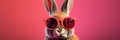 Funny bunny in glasses. Concept banner on the theme of education with empty space for text. Cute bunny on red background Royalty Free Stock Photo