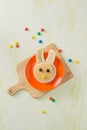 Funny bunny pancakes with fruits for Easter kids breakfast Royalty Free Stock Photo