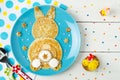 Funny bunny pancakes on the plate. Top view