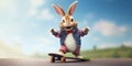 Funny bunny rides a skateboard on a summer day along the street. Anthropomorphic Cute hare rides a skateboard. Easter concept.