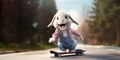 Funny bunny rides a skateboard on a summer day along the street. Anthropomorphic Cute hare rides a skateboard. Easter concept.