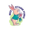 The funny bunny is a vegetarian. Cartoonish rabbit with a carrot bouquet