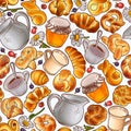 Funny buns, honey, milk, tea cup and berries seamless pattern.
