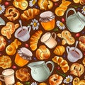 Funny buns, honey, milk, tea cup and berries seamless pattern.