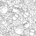 Funny buns, honey, milk, tea cup and berries seamless pattern.