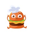 Funny burger with big eyes sitting wearing in a chef hat. Cute cartoon fast food emoji character vector Illustration